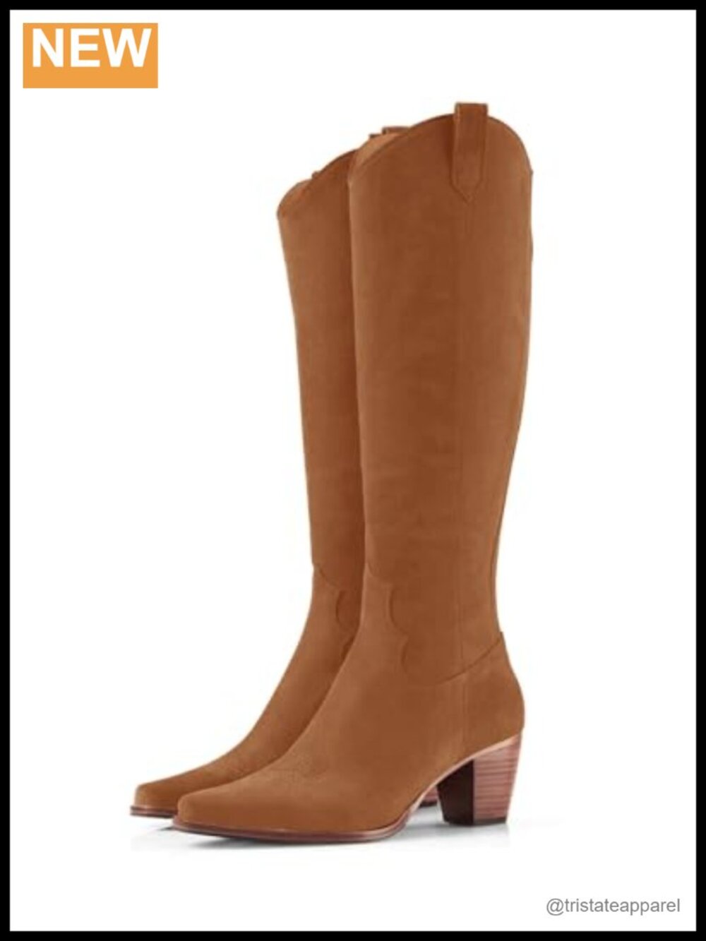 Women Cowboy Knee High Boots Chunky Block Heel Square Toe Faux Suede